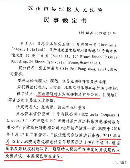 苏州斯迈特东方电梯制造有限公司破产倒闭